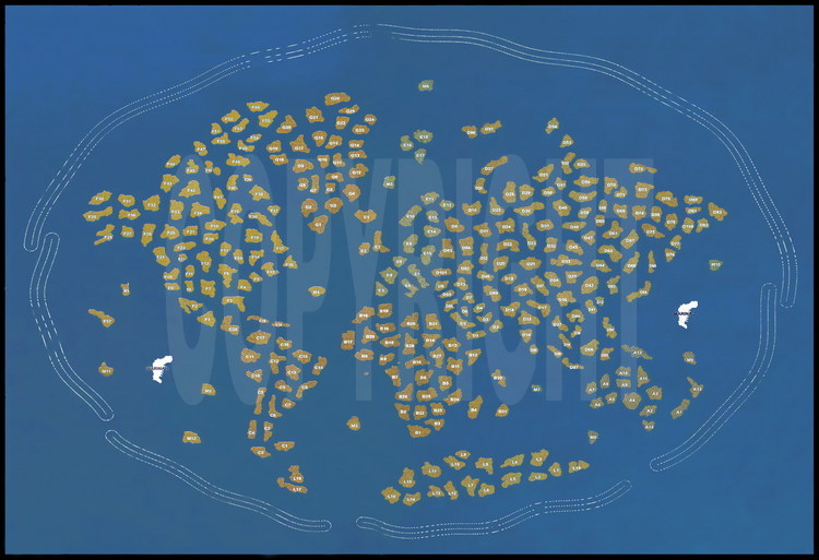 Virtual photo of all of the World’s islands, which are numbered (see next picture for their names). Located 4 km from the coast, this enormous off-shore site is a group of 300 small artificial islands laid out to represent our planet’s continents and main islands.  Each island will cover 2 to 8 hectares and will be 50 to 100 meters from its neighbor.  Surrounded by an oval dyke, the archipelago will span a width of 8 km and a length of 6km.  The embankment work should be finished at the end of 2006.  The sample island and its villa are surrounded by North America and Greenland.  Below, North America and the ridge of the Andes mountain range face Africa.  Asia is coming along nicely but Europe, South East Asia and Oceania have barely emerged.  The “France” island will have a surface area of 4 hectares.  The “Australia” island has already been sold to a Kuwaiti real estate company.  The “Spain” island has already been sold to Spanish brand name “Zara” owner.  Each island is sold between 7.5 and 36 million dollars depending on its surface.  The entire project has cost nearly 2 billion dollars.