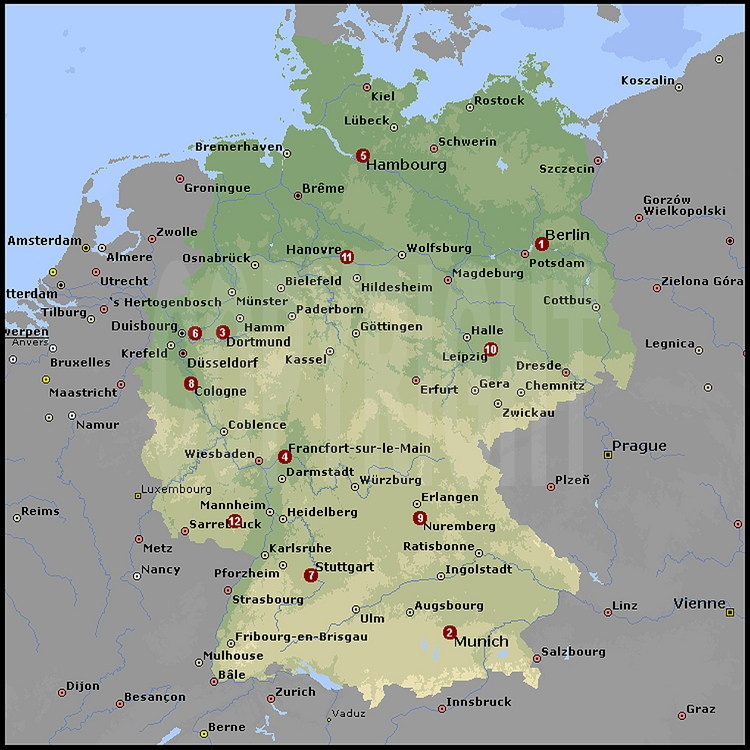 Carte générale de l’Allemagne avec situation des villes accueillant des matches de la coupe du monde 2006.