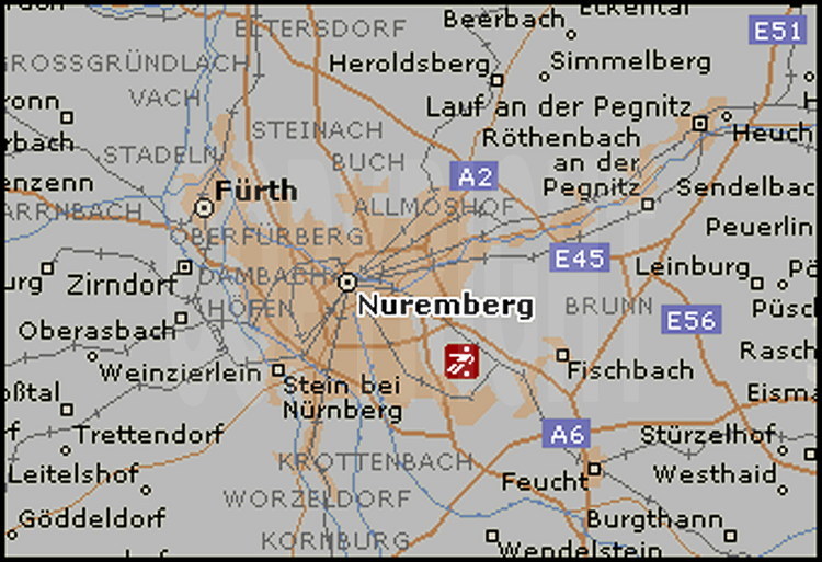 Carte de Nuremberg , 49000 habitants, avec emplacement du Frankenstadion, qui accueillera notamment un huitième de finale.