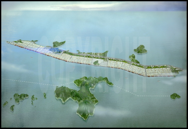 Virtual picture of Yangshan archipelago deep water harbour in 2020: 52 containers working station, 32 km square of fully serviced area, 22 km of wharfs. Here, draft is at least 15,5 m deep, enough for present and intended biggest vessels traffic. First phase of the work -center left-, opening december 2005, makes annually 2,2 million containers. With the second phase, finished end 2006, it will be 4 million : enough for Shanghai municipality to solve its current logistic gap and become the world first harbour. Once the four phases ended, Yangshan harbour will be able to handle annually 20 to 25 million containers.