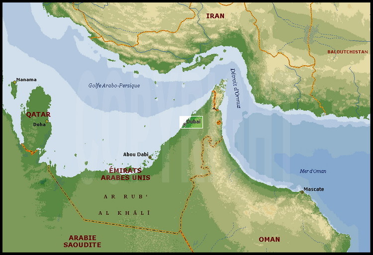 Map of the United Arab Emirates (capital : Abu Dhabi) and of bordering countries. Dubaï, 3.840 km2 and 900000 inhabitants, is the federation’s main port as well as its main commercial and tourist hub.