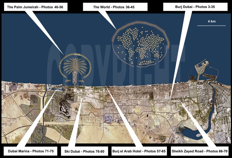 Map of Dubaï : The numbers correspond to the sites photographed below :
Photos 3-35 : Construction site for the Burj Dubaï Tower, which will become the world’s highest skyscraper.
Photos 36-45 : The “World” ‘s off-shore construction site.
Photos 46-56 : “Palm Jumeirah” ‘s off-shore building site.  
Photos 57-65 : Seven-Star Hotel “Burj el Arab”.
Photos 66-70 : Sheik Zayed Road, the business and tourist district.
Photos 71-75 : Building site for the future “Dubaï Marina”.
Photos 76-80 : “Mall of the Emirates” where the Dubaï ski slope is located.