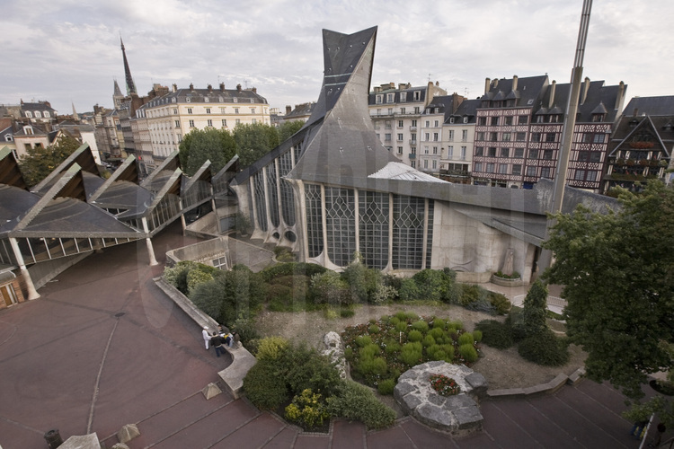 Rouen, historic center : place du Vieux Marché and church Jeanne d'Arc. On the foreground, the remains of the stake where Jeanne died. Altitude 45 feet.