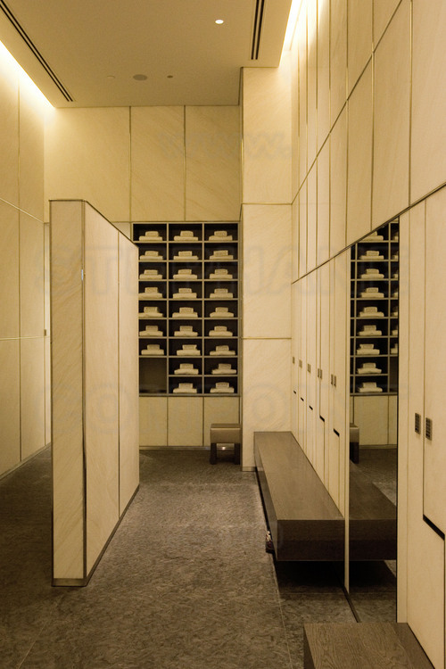 Inside the Burj Khalifa (highest in the world with 828 meters), the spa's men's locker rooms of the Armani Hotel, a 7 star one (the only category with the famous Burj Al Arab, also in Dubai) located at the first floors of the tower.