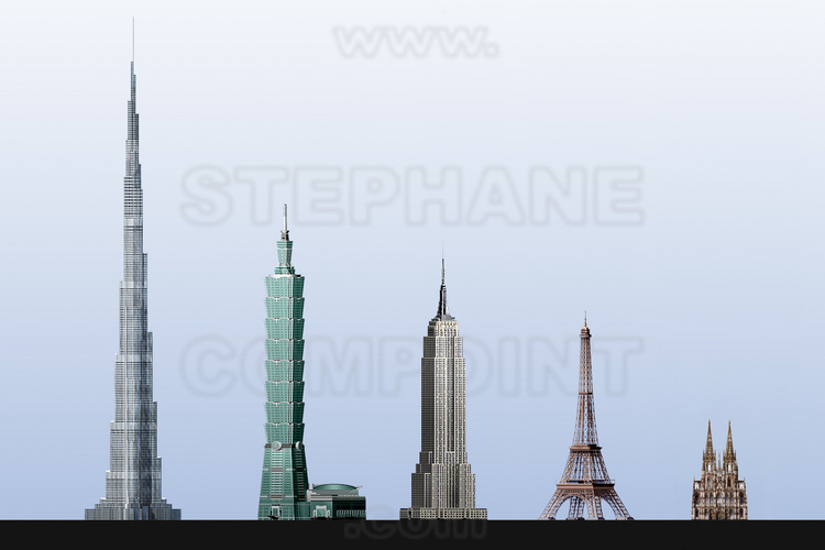 Représentation à l'échelle de cinq monuments qui furent en leur temps les plus hauts du monde: de g. à d. Burj Khalifa, 828 m. (depuis janvier 2010), Taipe 101 (508 m. avec l'antenne de 2004 à 2008), Empire State Building (443 m. avec l'antenne de 1931 à 1972), Tour Eiffel (324 m. avec l'antenne de 1889 à 1931), Cathédrale de Cologne, (157 m. de 1880 à 1884).