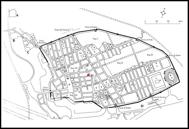 Streets and sites map of the antique city of Pompeii, buried under Vesuvius’ ashes on August 24th, 79 AD, rediscovered by the King of Naples’ teams in 1748. The Viccolo Storto Brothel (in red) is located in the oldest part of the city.