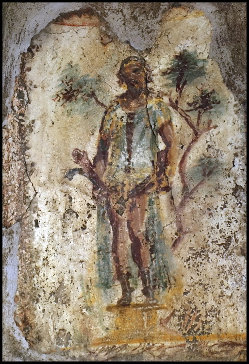 Located on the Vicolo Storto Brothel’s North entrance (vestibule) wall, this fresco shows Priapus (fertility and prosperity god) with two phalluses holding his protuberant members in each hand to welcome guests.