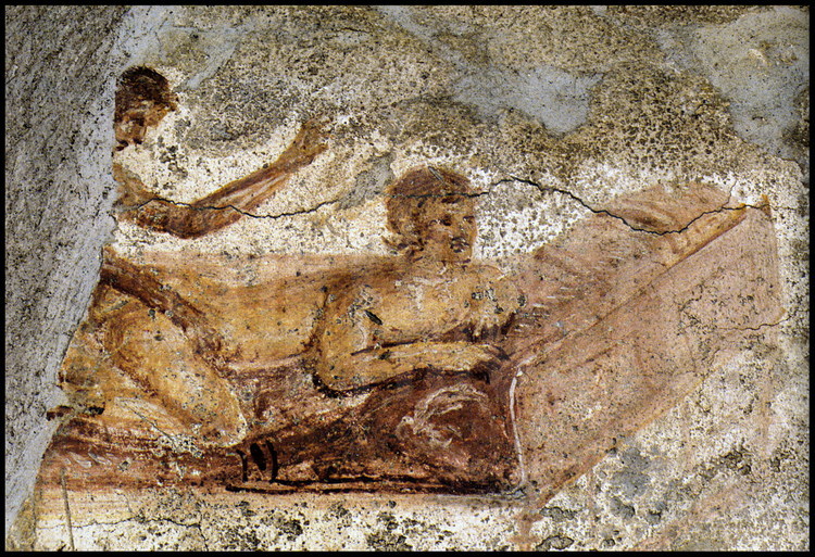 One of the many erotic paintings, which served as a catalogue of sexual services rendered in the establishment, embellishing the walls of the Vicolo Storto brothel’s hallway.