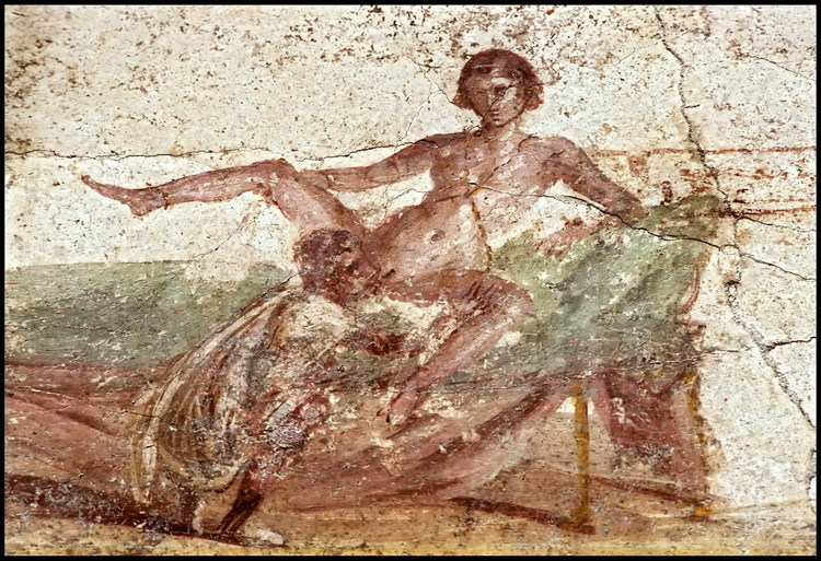 On one of the Porta Marina Suburban Baths dressing room walls, a painting depicts a man performing cunnilingus on a young woman whose legs are spread wide open.  The crudeness of this type of scene should not be shocking, as all types of sexual acts were commonly practiced.  The bath was a place to heal the body and to meet others.