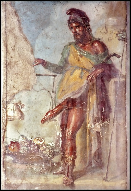 This depiction of god Priapus weighing his penis is located in the entrance hall of the House of Vetii, one of the city’s wealthiest houses.  It is the first sight upon passing the threshold.  This painting is there to ward off bad fate. Today we understand the importance Pompeians attributed to crossing the threshold of a door.  This image, long deemed indecent, was hidden by a little closet. The site’s guard would open the door only to male tourists, or in exchange for a tip.  Priapus, god of fertility (also god of gardens and of the vine), warded off evil spirits and ensured prosperity.