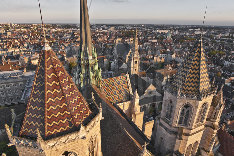 Dijon : L'Église Sainte Bénigme, avec ses fameux clochers aux tuiles vernissées.