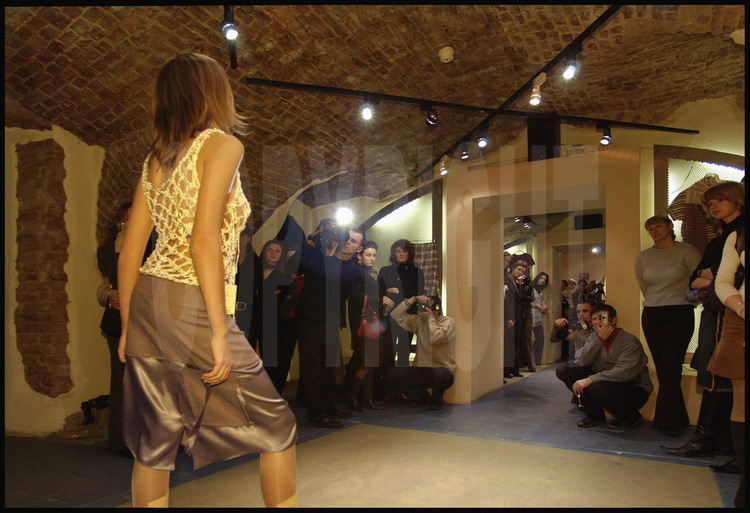 Irina Achkinatze (not seen on the photo), a young fashion designer, 
presents the new Summer 2003 collection in her store located on the Moïka 
Canal in the city center.