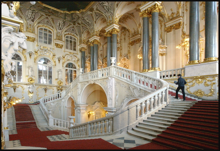 Winter Palace, Jourdain staircase.  In this vast circular staircase built 
in 1762 by architect Bartolomeo Rastrelli (1700-1771), the imperial family 
would attend the baptism ceremony in the Neva, on the day of Epiphany.