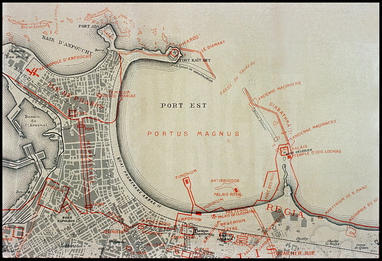 Map of Alexandria traced under the guidance of the director of the Museum of the City, archeologist Evaristo Brescia in 1914.  In red, the ancient city, and in black, the city at the beginning of the twentieth century.