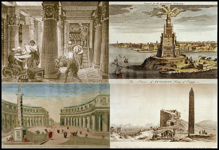 Selection of ancient documents entrusted to the new Alexandria Library:  from left to right, and from bottom to top:  the Alexandria Library, the Alexandria Lighthouse, the Alexandria Palace, the needles of Cleopatra.