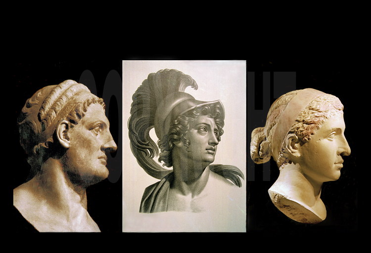 Portraits of the three great figures of ancient Alexandria:  from left to right, Ptolemy 1st, Alexander the Great and Cleopatra.