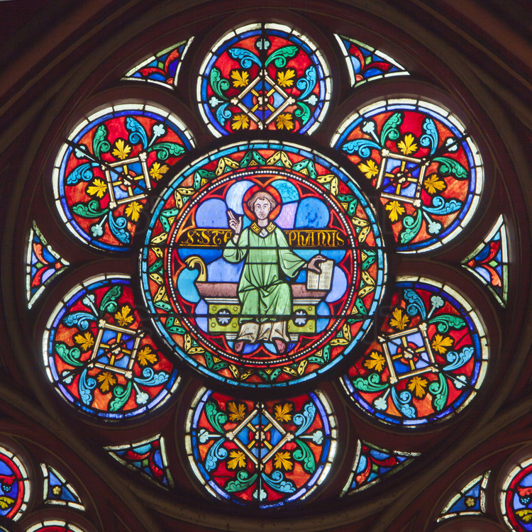 The chapel of Saint George, now the Chapel of the Holy Sacrament. This stained glass medallion, made in the nineteenth century, representing Saint Stephen, the first martyr deacon, who gave his name to the first cathedral in Paris.