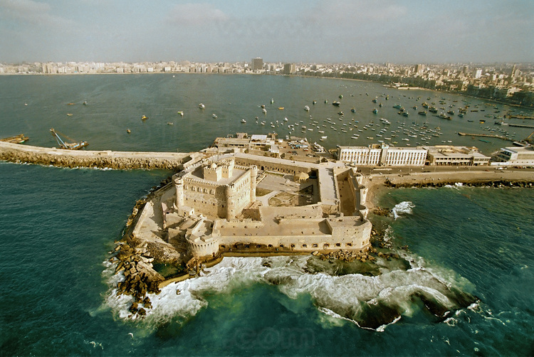 Aerial view of fort Qaitbay, built on the ancient lighthouse site by the sultan Mamelouk Ashray  Qaitbay at the end of the fifteenth century (1477).