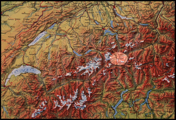 Map of Switzerland. In the clearer area, the Saint Gotthard mountain and the city of Andermatt, where begin Rhein and Rhone river.