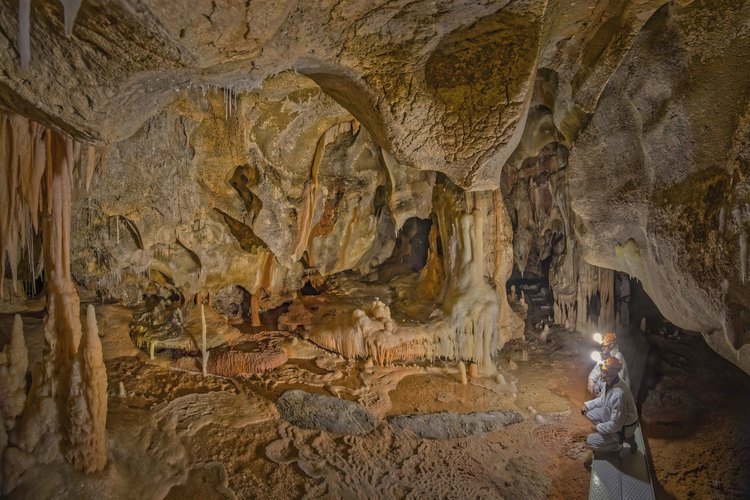 Auvergne Rhône Alpes - Ardèche (07) - Vallon Pont d'Arc - Visite exclusive de la grotte du Pont d'Arc, dite grotte Chauvet : Vue générale de la galerie du Cierge.  Jean Clottes (premier plan) et Richard Buffat (second plan) observent une grande construction maçonnée par les hommes préhistoriques, en forme de bassin. L'eau y était retenue. La fonction reste inconnue à ce jour : matérielle ou symbolique ?