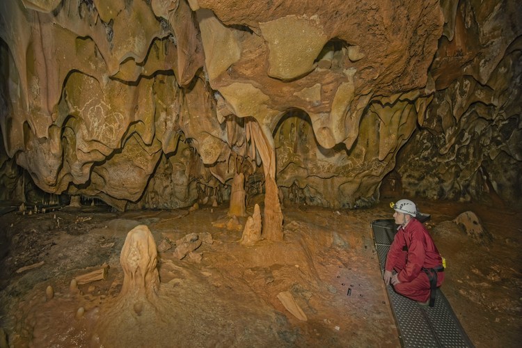 Auvergne Rhône Alpes - Ardèche (07) -  Vallon Pont d'Arc - Visite exclusive de la grotte Chauvet 20 ans après sa découverte : Salle Hilaire. Au premier plan,  Paulo Rodrigues observe une stalagmite probablement retaillée par les hommes préhistoriques. Au second plan, une seconde accumulation de blocs d'origine humaine (les blocs ne sont pas tombés de la voûte). En arrière plan, le panneau des Grandes Gravures et le panneau du Cheval Gravé.