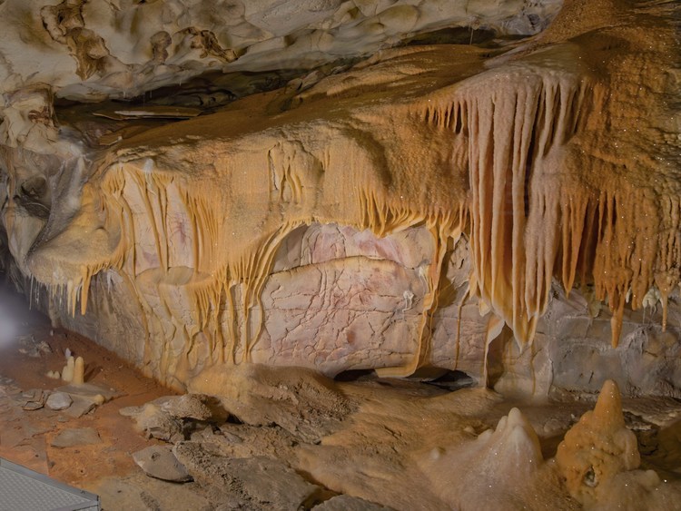 Auvergne Rhône Alpes - Ardèche (07) -  Vallon Pont d'Arc - Visite exclusive de la grotte ornée du Pont d'Arc, dite Grotte Chauvet : Salle des Panneaux Rouges : Une paroi tres concretionnee ou des figures symboliques rouges restent visibles. D'autres sont fossilisees par la calcite.