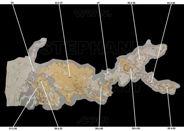 Plan de la Grotte Ornee du Pont D'Arc, dite Grotte Chauvet. Datée de 36000 ans, la grotte Chauvet fut découverte le 18 decembre 1994 et fut immediatement fermée au public en raison de son immense intéret scientifique et de ses milliers de dessins, peintures et sculptures (dont 423 figures animales) realisés par les premiers artistes de l'Histoire. Depuis juin 2014, le site est classe au patrimoine mondial de l'Unesco.