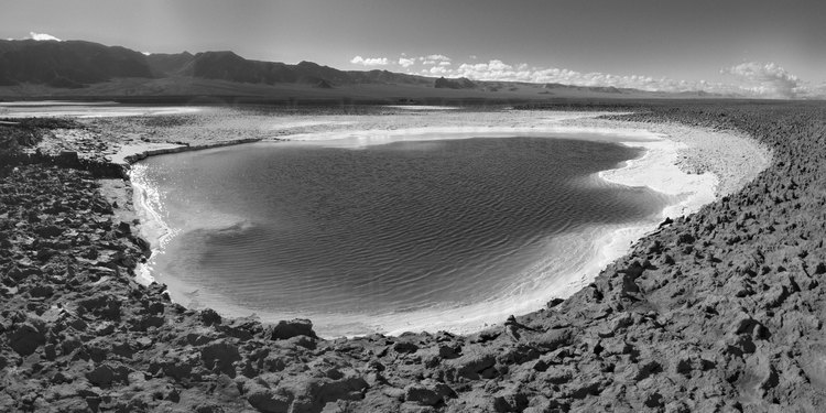 Chili - Désert d'Atacama : Les sept lagunes de la Laguna Baltinache (altitude 2320 m.), dans le Salar d'Atacama. En arrière plan, la Cordillera de la Sal.