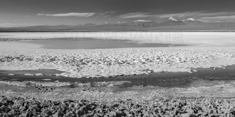 Chili - Désert d'Atacama : Laguna Tebenquiche (altitude 2300 m.), dans le salar d'Atacama. En arrière plan, les volcans Licancabur (altitude 5920 m.) et Juriques (altitude 5704 m.).