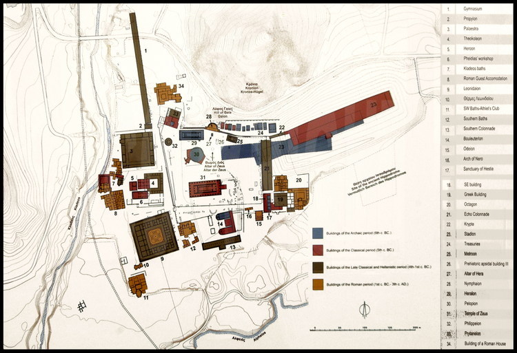 Carte de l’Altis et des installations sportives du sanctuaire d’Olympie. Depuis le Vie siècle avant J.C. jusqu’au IIIe siècle après J.C.