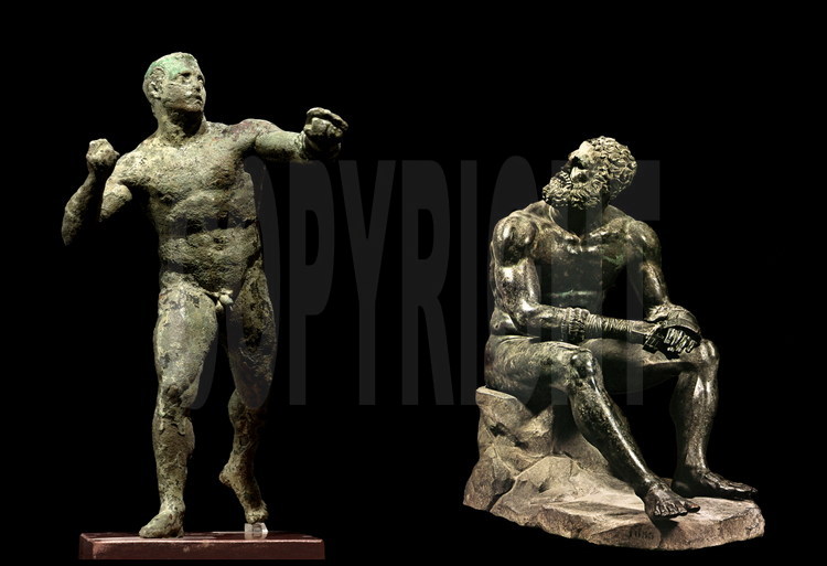 Bronze statuettes representing two athletes during a fight competition.  
-On the left, a boxer in combat.  The wreck of Anticythere.  2nd century B.C. National Archeological Museum of Athens.
-On the right, the boxer sitting down, disfigured from having been hit, wears the metal himantes which were used between the 1st century B.C and the 3rd century B.C.  National Roman Archeological Museum, Rome.