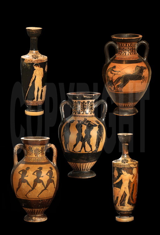 Greek vases from the Classical Era representing various sports from the Olympic Games.  From left to right and from top to bottom:
-Attic lecythe representing the javelin training.  Eretria, 5th century B.C.
-Panathenaic amphora  representing a quadriga in a chariot race.  Athens Agora, 4th century B.C.
-Attic panathenaic amphora representing a fight.  Tanagra, 6th century B.C.  
-Attic panathenaic amphora representic the dolichos race (10 times 192 meters).  Rhodes, 6th century B.C.  
-Attic lecythe representing the disc throwing.  Eretria, 5th century B.C.  Archeological Museum of Olympia.