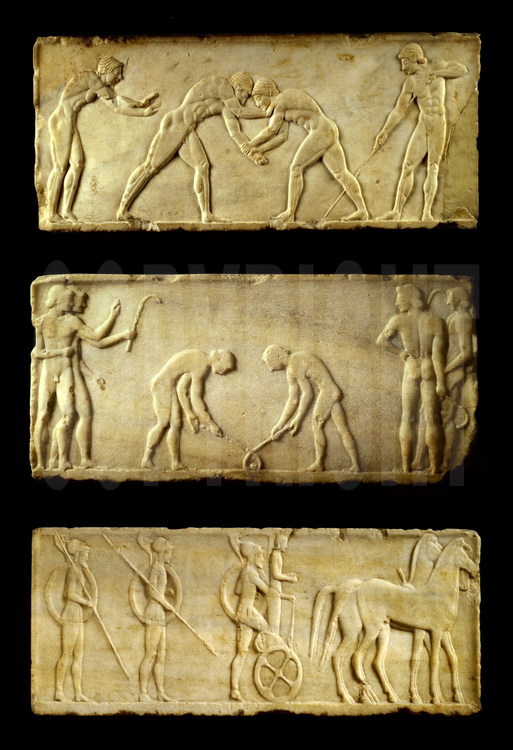 Three steles representing different sports from the ancient games.   From left to right and from top to bottom:
-At the top, the starting position of a pair of wrestlers where each one tries to throw his adversary off balance.  
-In the center, ball games were particularly popular in the palestra.  Here, keretizen, a game resembling modern-day hockey.  
-At the bottom, the start of the chariot race.  
National Archeological Museum of Athens.