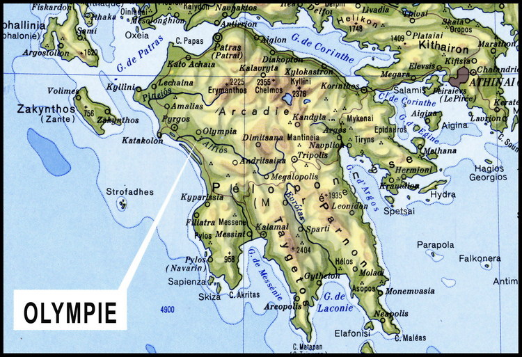 Carte du sud de la Grèce et de la péninsule du Péloponnèse. Olympie est situé à 350 km d’Athènes.