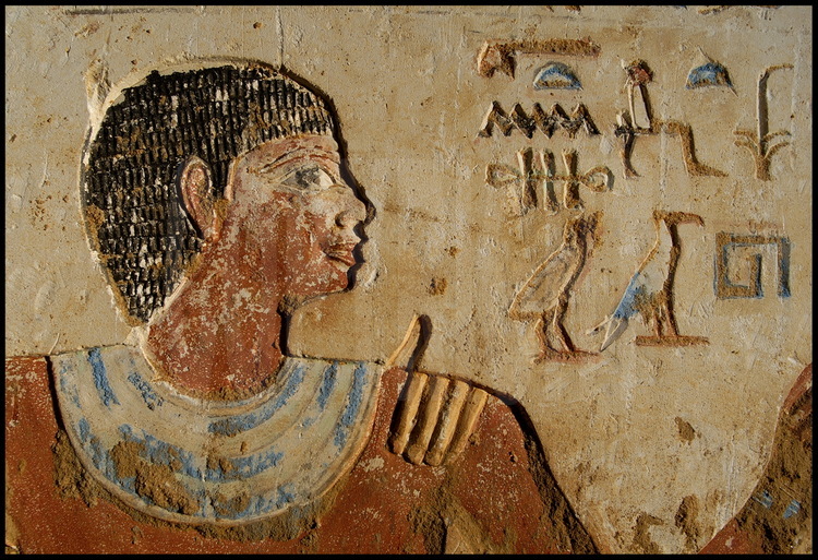 Detail of the façade of Hau-Nefer’s tomb. The hieroglyphs to the right of the priest’s face spell the shortened version of this name, “Hau”, as well as his many titles. Hau-Nefer was not only a priest in the funerary temple of Pepi I, but was also a high-ranking noble and a high priest.