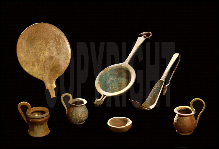 Discovered at Monterenzio, near Bologna in Northen Italy, this collection of artifacts of daily Celtic life dating from the 4th century BCE indicate a more sophisticated lifestyle than was previously thought. Top left, a bronze mirror.