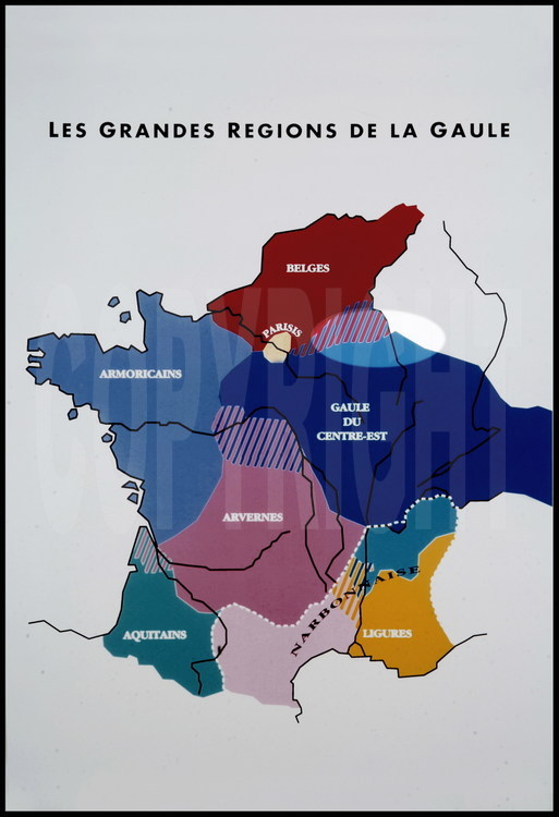 Map of the major regions of Gaule in the 3rd century AD (Museum of Saint-Germain en Laye). The lighter parts indicate the areas of excavation lead by the IRRAP (Institute of Restoration and Archeological and Paleo-Metallurgic Research) on the future path of the TGV Est line.