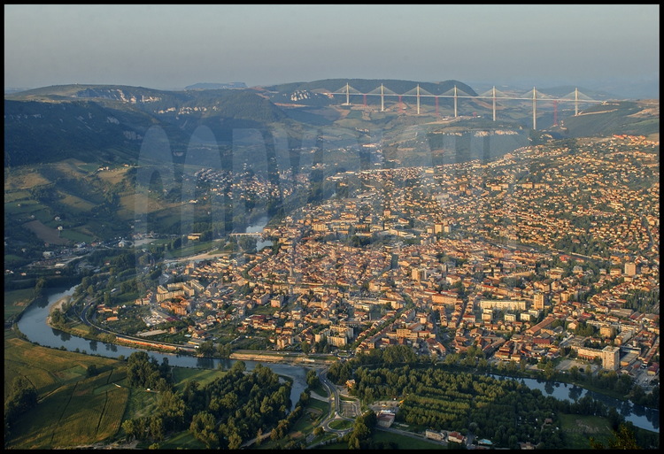 From the mountain called Puncho d’Agast, a panoramic view of the river Tarn, the city of Millau ( 22000 inhabitants) and the viaduct. On the left side, the Causse du Larzac. On the right side, the Causse Rouge.