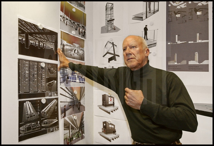 In his offices in the district of Battersea in London, Sir Norman Foster is studying new projects with architects colleagues. On the background, draws of the future Bejing Airport which will be completed before the 2008 Olympic Games.