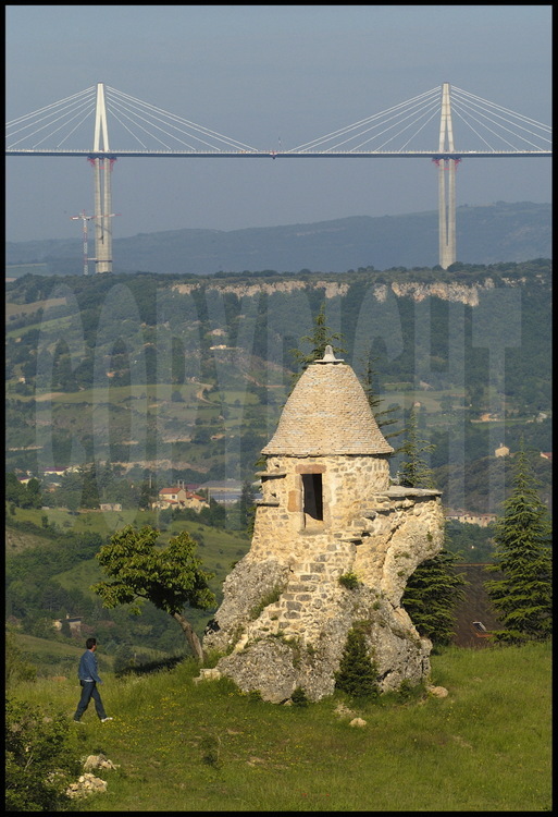 Perched over the Tarn valley, the viaduct seen from the pigeon-house at Recouly farm, east of Millau.