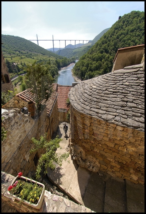 The viaduct from Four street in the small medieval village of Peyre, west of Millau.