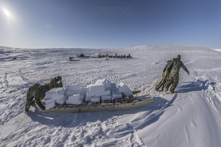 Canada - Etat du Nunavut - Opération Nunalivut 2018 - Environs de Cambridge Bay - Camp de survie n° 2, installé sur une baie du passage du Nord Ouest.  Les militaires découpent des blocs de neige à la scie : ceux-ci serviront à renforcer le flanc des tentes et à construire un igloo d'urgence.  // Canada - State of Nunavut - Operation NUNALIVUT 2018 - Surroundings of Cambridge Bay - Survival Camp 2, located on a bay in the Northwest Passage. The soldiers cut snow blocks with the saw: these will be used to strengthen the sides of the tents and build an emergency igloo.